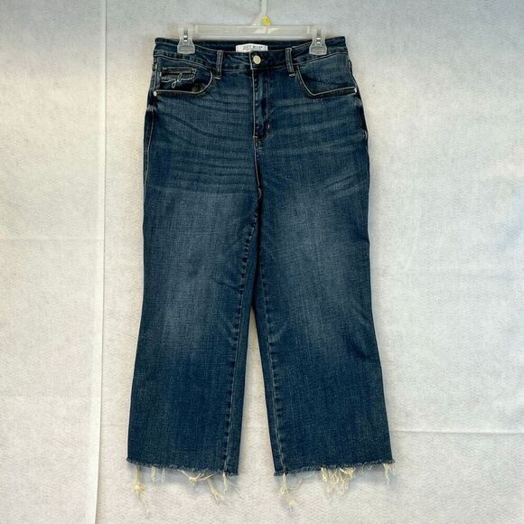 JUDY BLUE Jeans Size 11/30 Blue High Rise Wide Leg Crop Frayed Hem Stretch Denim - Picture 1 of 14